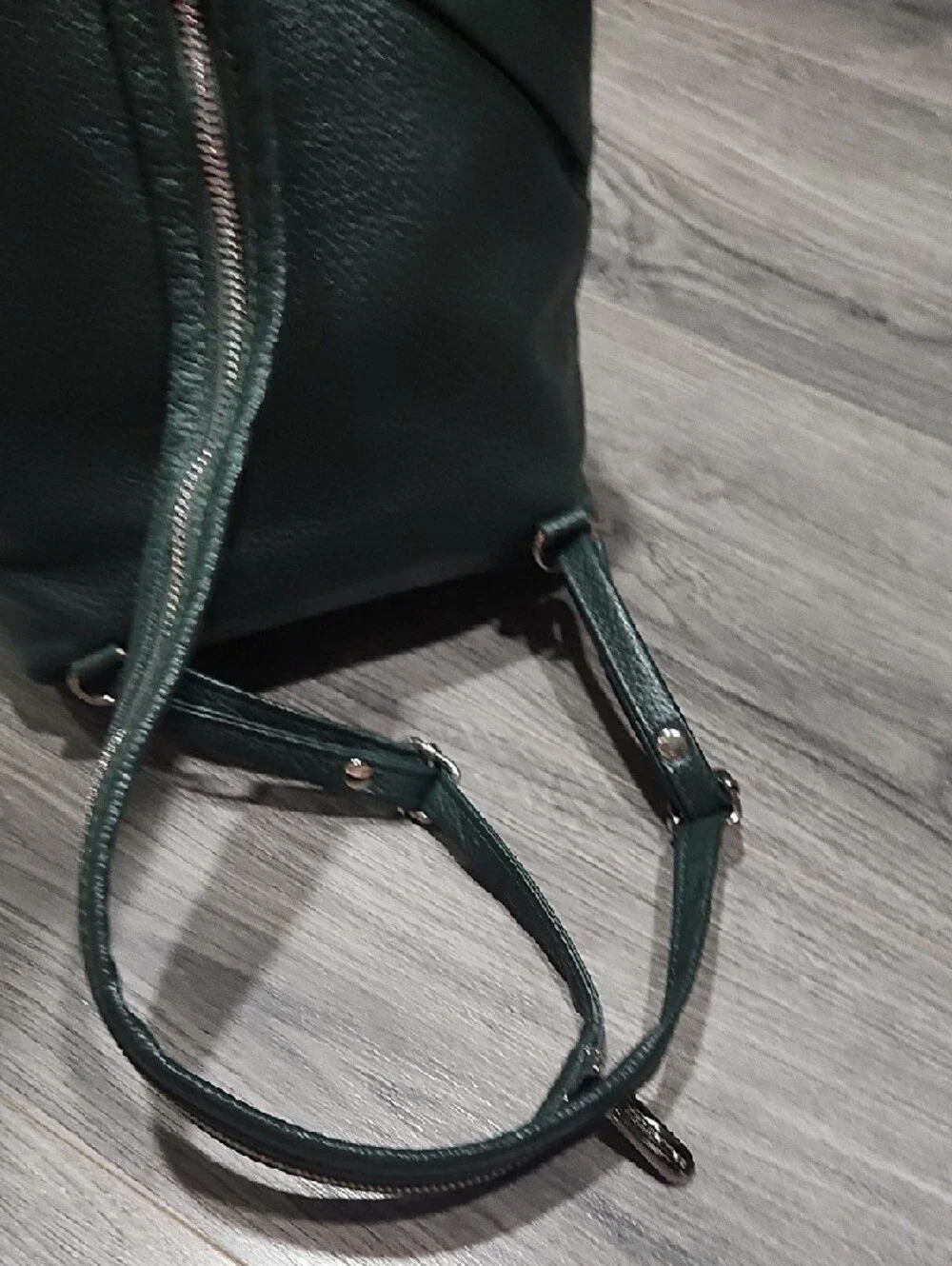 Valentina Dark Green Leather Sling Backpack with Silver Trim